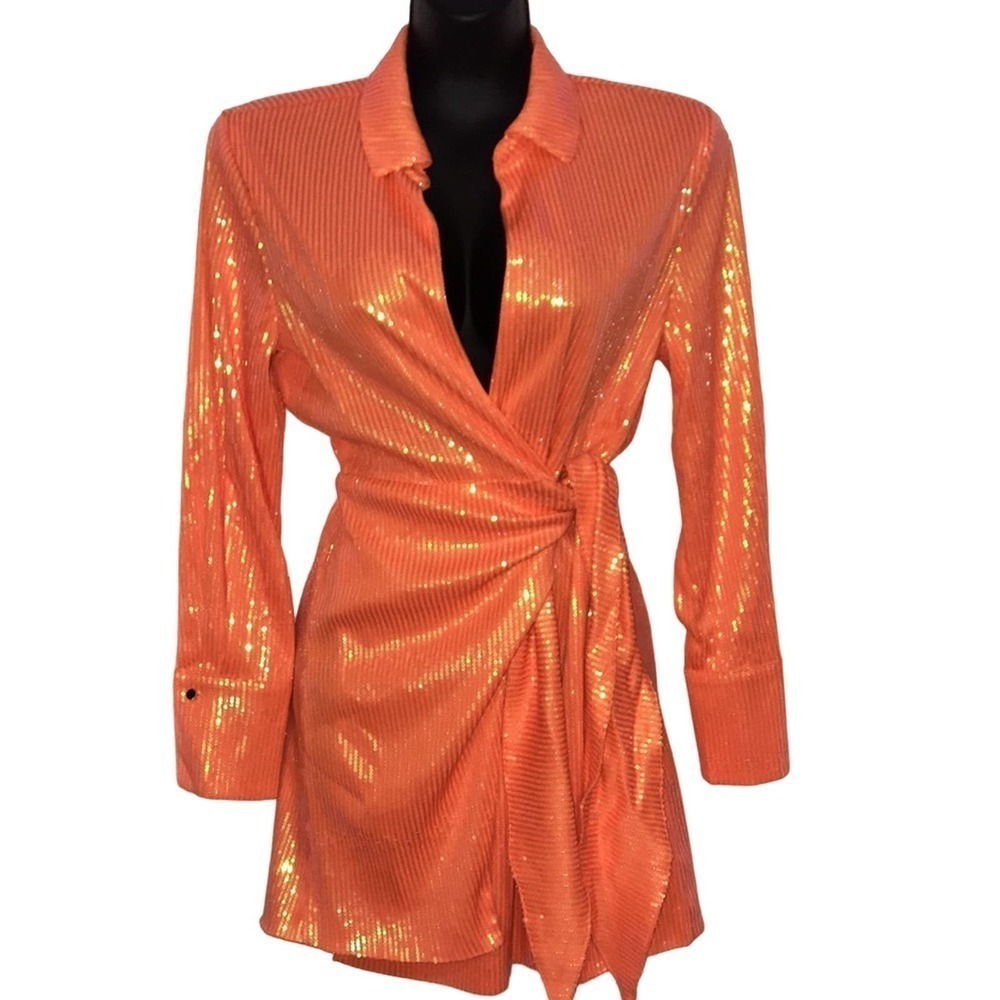 NWT House if Harlow 1960 Orange Sequin wrap Mini Dress size XS